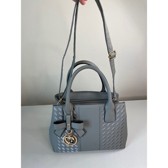 Fashion Bag Gray PU Leather Tote Detachable Crossbody Bow Purse Charm 11x8x5" - Picture 13 of 14